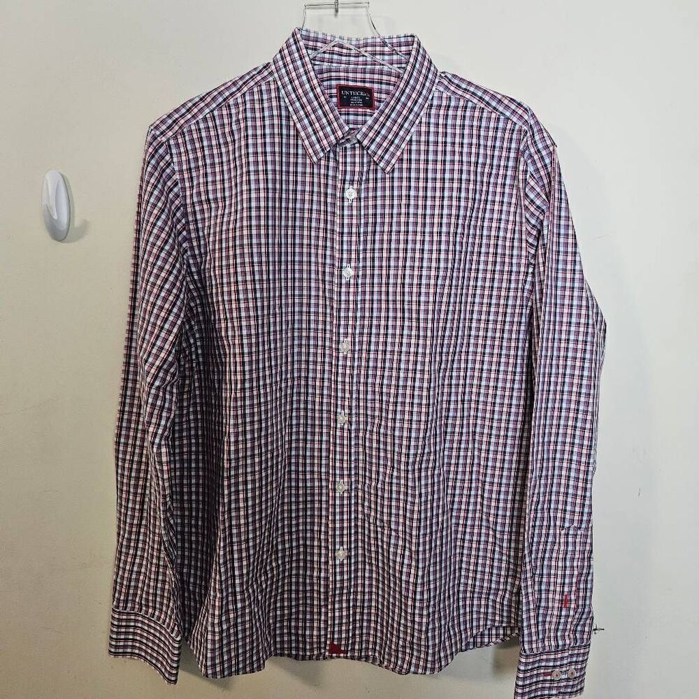 Untuckit Zenato Mens Size L Red White Blue Plaid Button-Up 100% Cotton Dress Shi